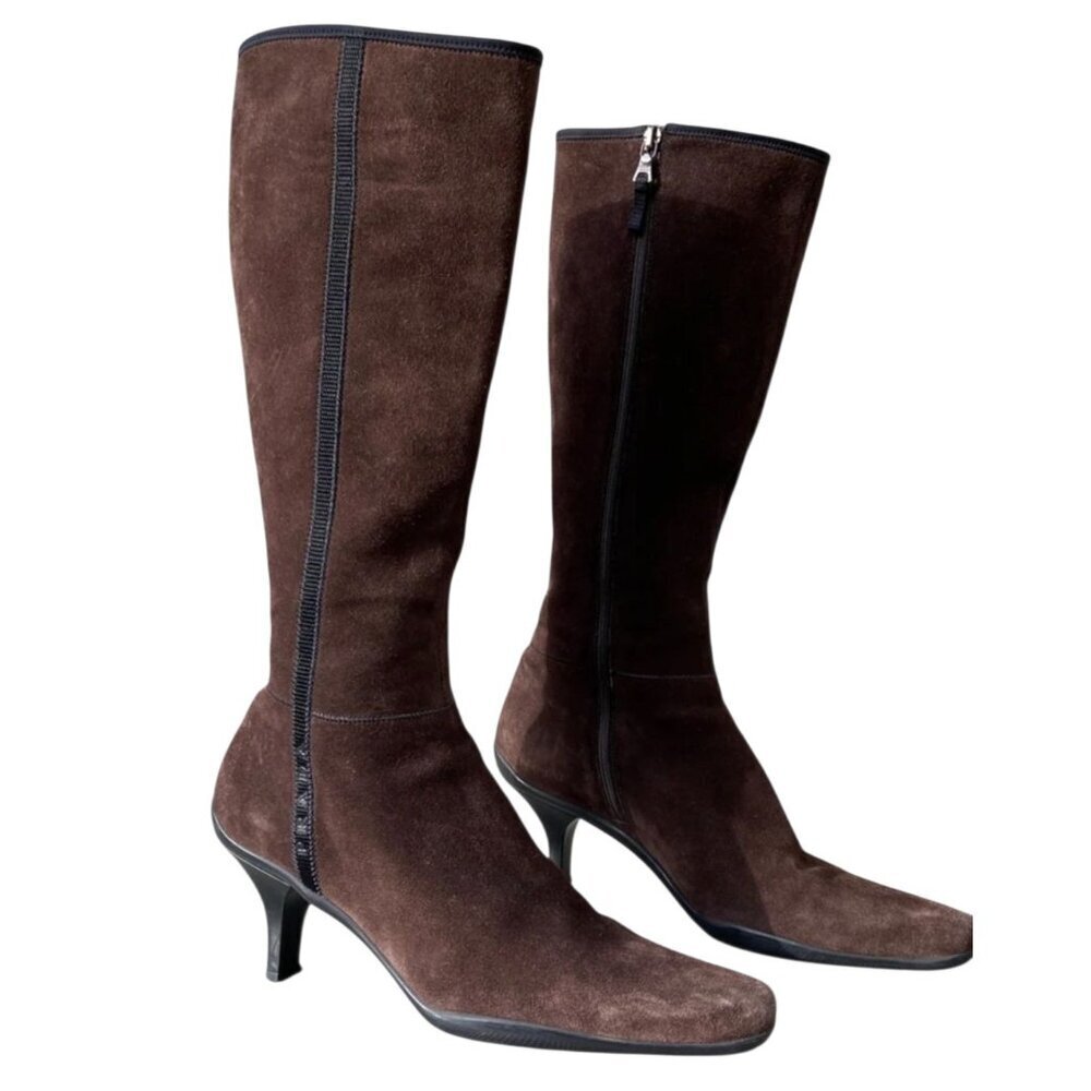 PRADA BROWN SUEDE HEELED BOOTS - EU 38.5/US 8 - Picture 2 of 16